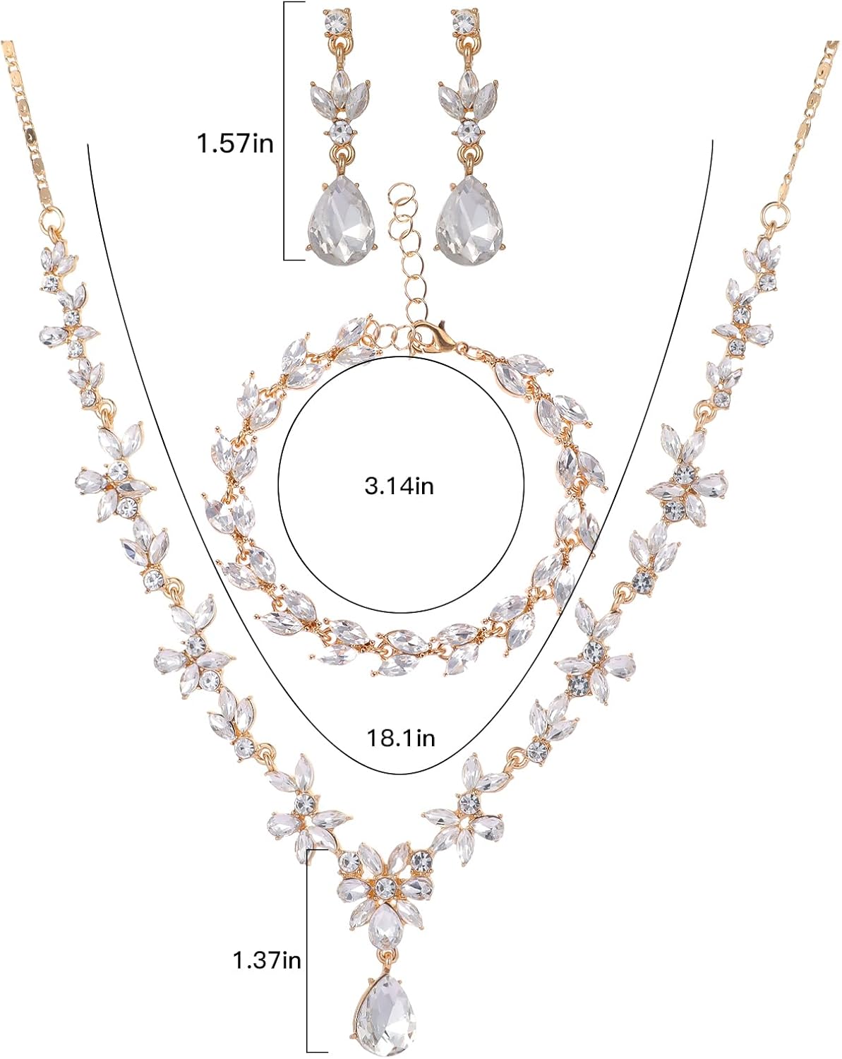 Kamirola Bridal Jewelry Set, Jewelry Set for Women, Necklace Dangle Earrings Bracelet Set, White Gold Plated (TR76)