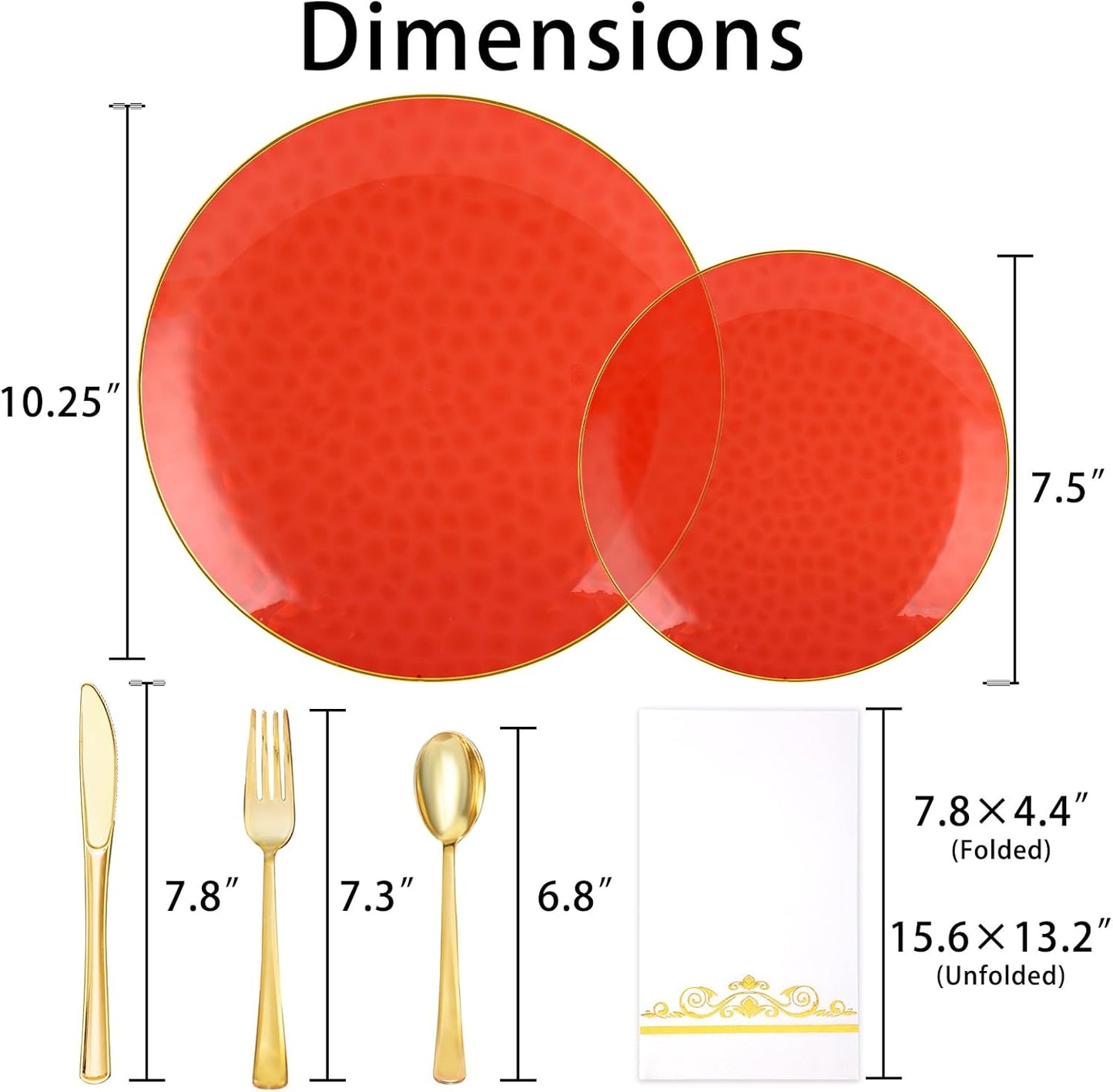 150 Pcs Red Plastic Plates - Red Gold Plastic Dinnerware Set for 25 Guests - 50 Disposable Plates, 75 Gold Silverware, 25 Napkins for Party Birthday Thanksgiving Christmas