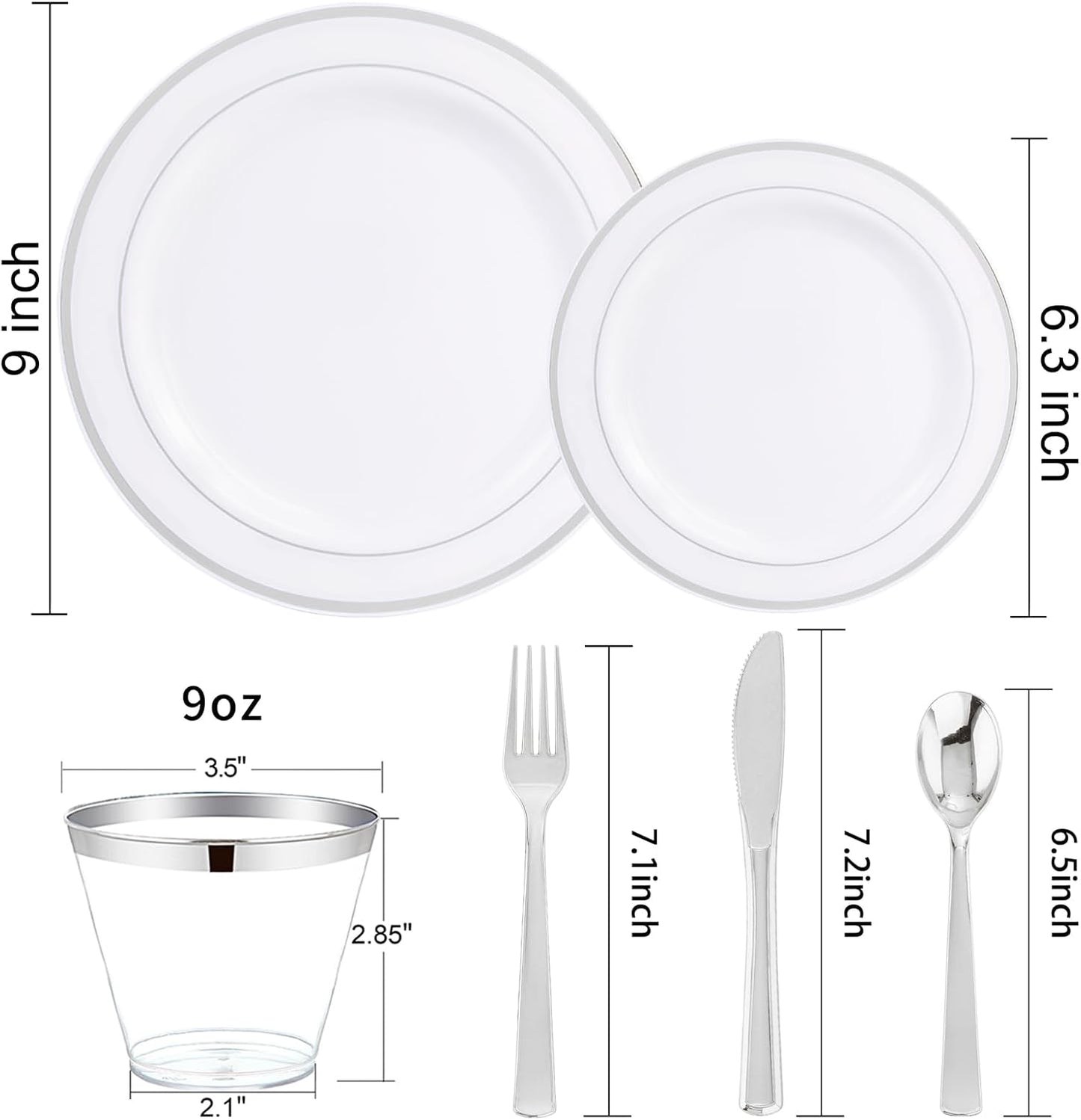 WELLIFE 300Pcs Silver Elegant Plastic Dinnerware Set for 50 Guests - Premium Disposable Party Supplies Includes Dinner Plates, Salad Plates, Cups & Flatware Set for Wedding, Anniversary, Banquet