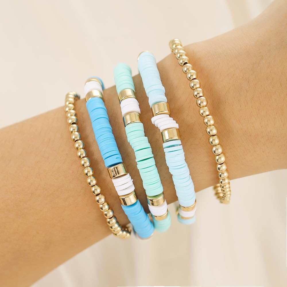 Friendship Bracelets for Women - Heishi Surfer Colorful Smile Evil Eye Clay Beaded Stretch Bracelets Elastic Layering - Stackable Boho Disc Y2K Aesthetic Summer Jewelry Set.
