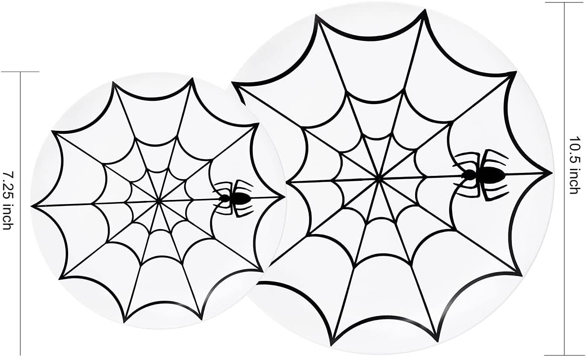 WDF 60Pieces Halloween Plates Disposable Plastic - White and Black with Cobwebs plates Dinnerware include 30PCS 10.25inch and 30PCS 7.5inch Plates for Halloween
