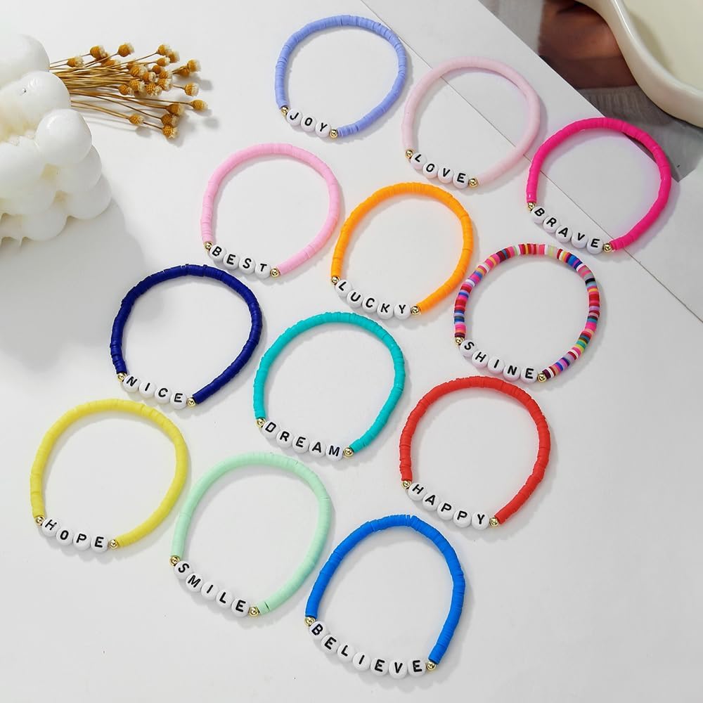 Heishi Surfer Clay Bead Bracelets Set for Women - Preppy Smile Evil Eye Beaded Stretch Bracelets Elastic Layering Friendship Bracelets- Stackable Boho Disc Summer Jewelry Set