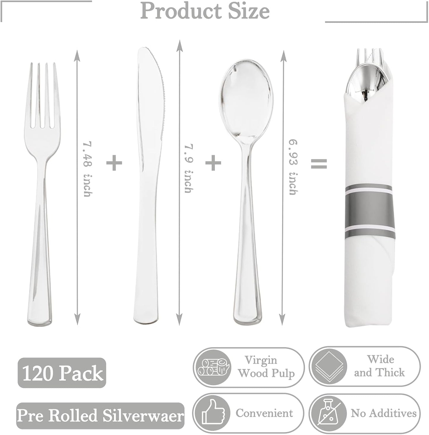 Supernal 120pack Silver Plastic Silverware,Rolled Plastic Silverware,Pre Rolled Napkins with Cutlery Set,Wrapped Disposable Cutlery Set with Napkin Perfect for Christmas Thanksgiving Halloween Party