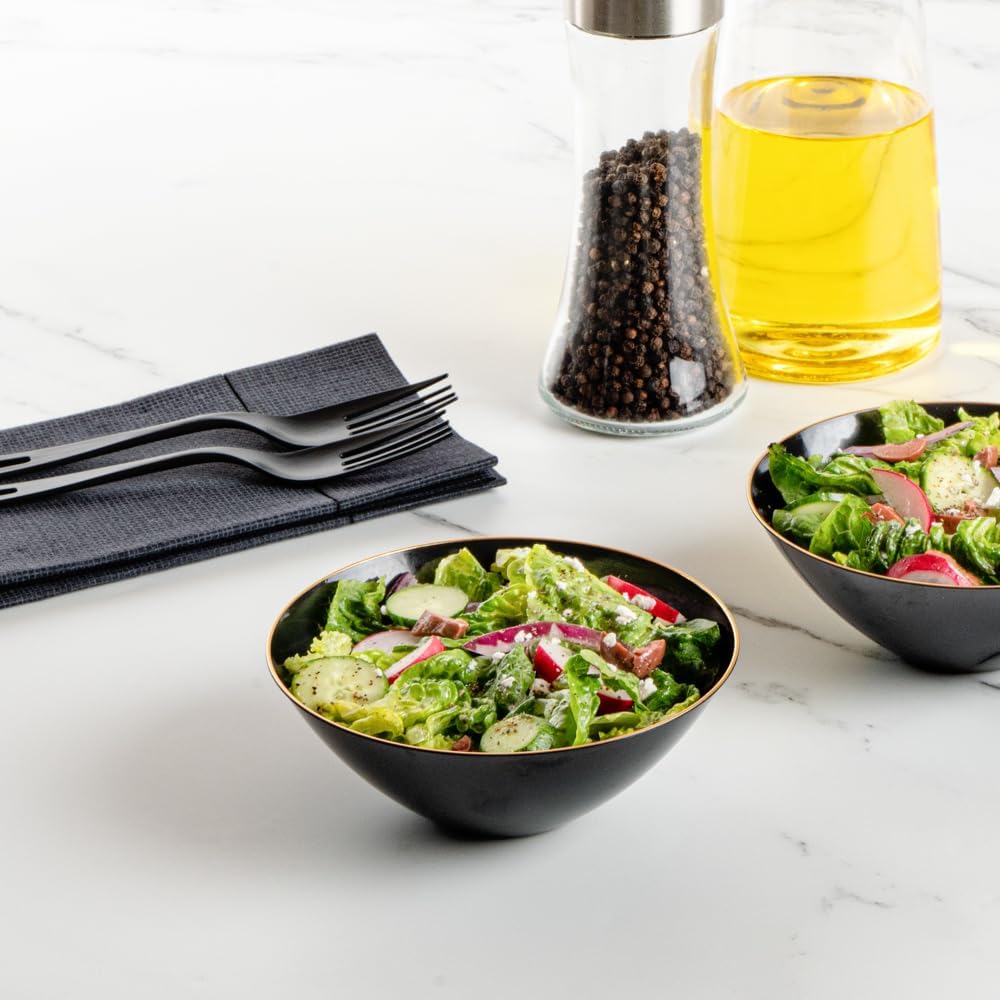Restaurantware-Moderna 6 Ounce Plastic Bowls, 20 Durable Disposable Salad Bowls - Gold-Rimmed, Heavy-Duty, Black Plastic Fancy Bowl, For Warm And Cold Foods, Ideal For Restaurants