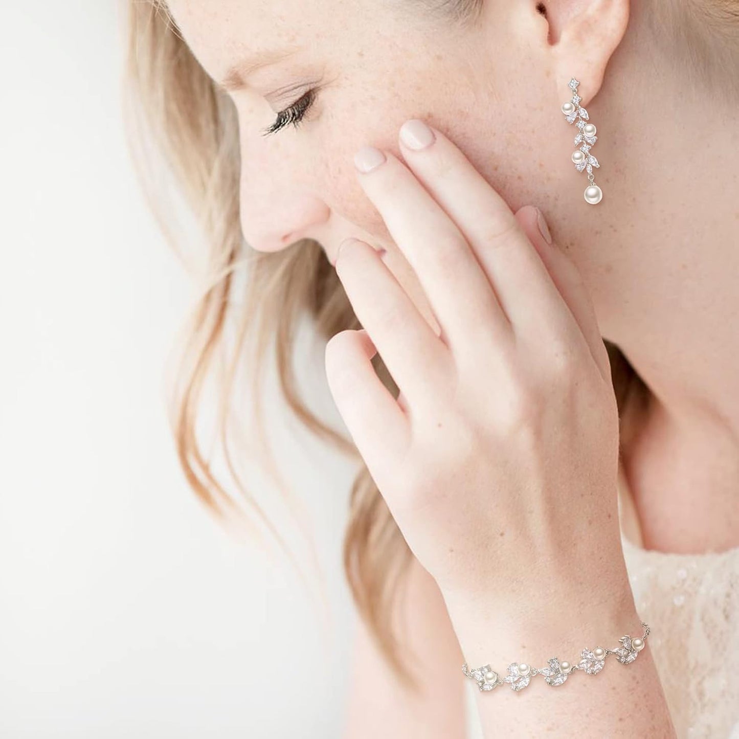 EleQueen Women's Simulated Pearl Wedding Jewelry Set, Cubic Zirconia Marquise Floral Bridal Necklace Earrings Bracelet Sets