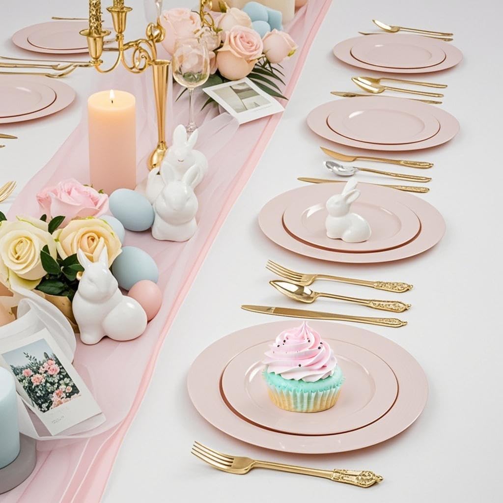 FLOWERCAT 100PCS Pink Plastic Plates - Heavy Duty Pink Party set Disposable serve for 50 guests -10 inch Dinner + 7 inch Dessert/Salad Plates for Easter,Birthday Party,Mother's Day