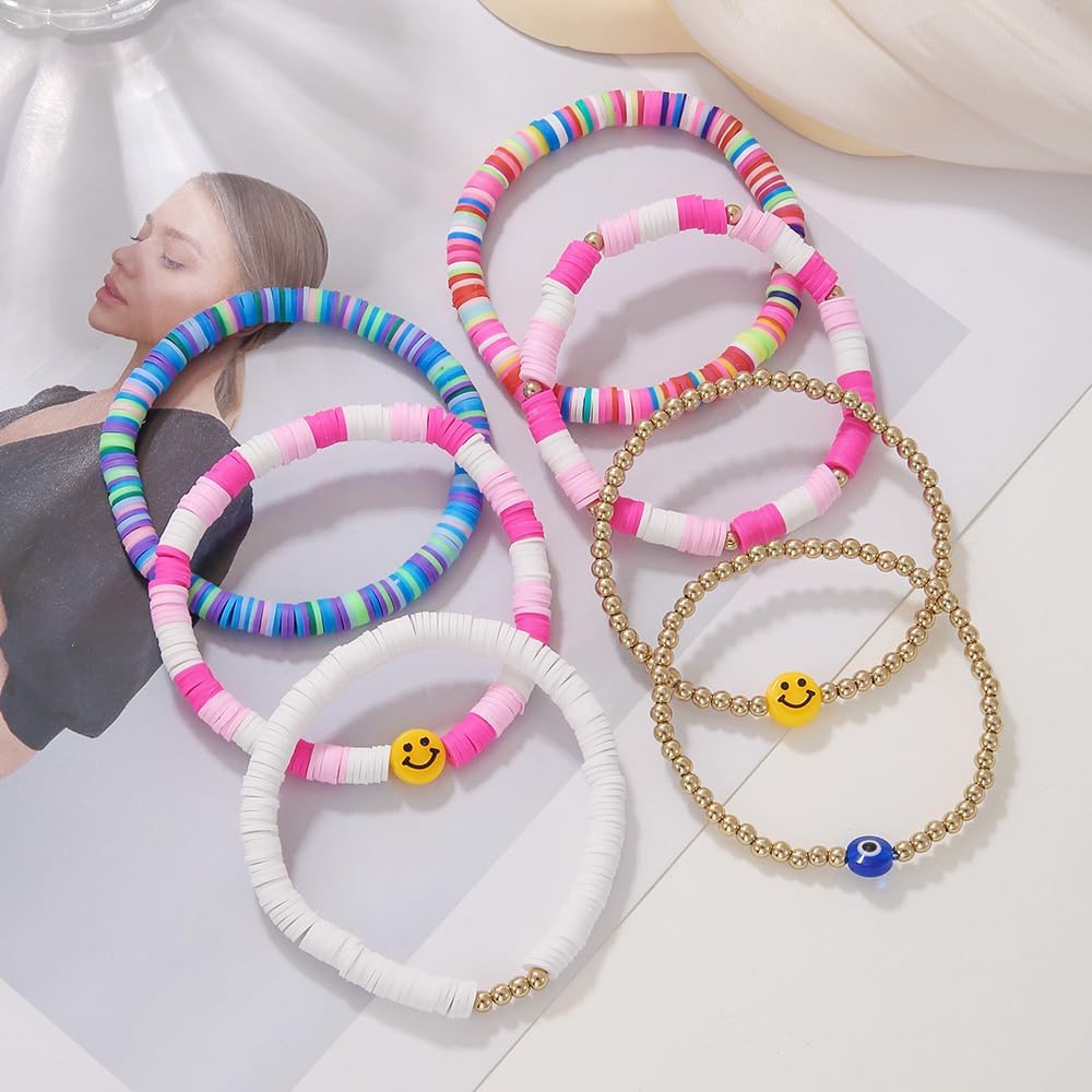 Friendship Bracelets for Women - Heishi Surfer Colorful Smile Evil Eye Clay Beaded Stretch Bracelets Elastic Layering - Stackable Boho Disc Y2K Aesthetic Summer Jewelry Set.