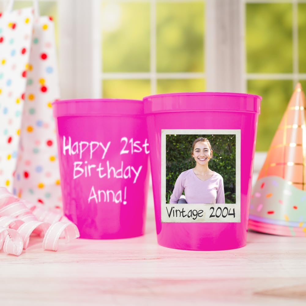 Custom Stadium Cups with Photo – Personalized 16oz Cups with Text – Printed Directly on Cup – Choose Cup Color, Text Color, Quantity and More – Party Favor for Birthdays & Events (Vintage Polaroid)