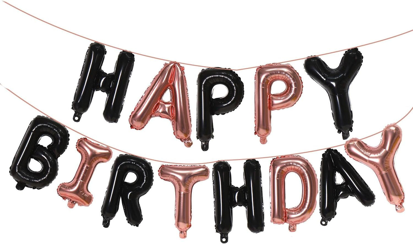 KALOR Black and Rose GoldHappy Birthday Balloons Banner, 16 Inch Mylar Foil Letters Balloon Sign for Women, Men, Boys & Girls Kids Birthday Decorations Photo Backdrop