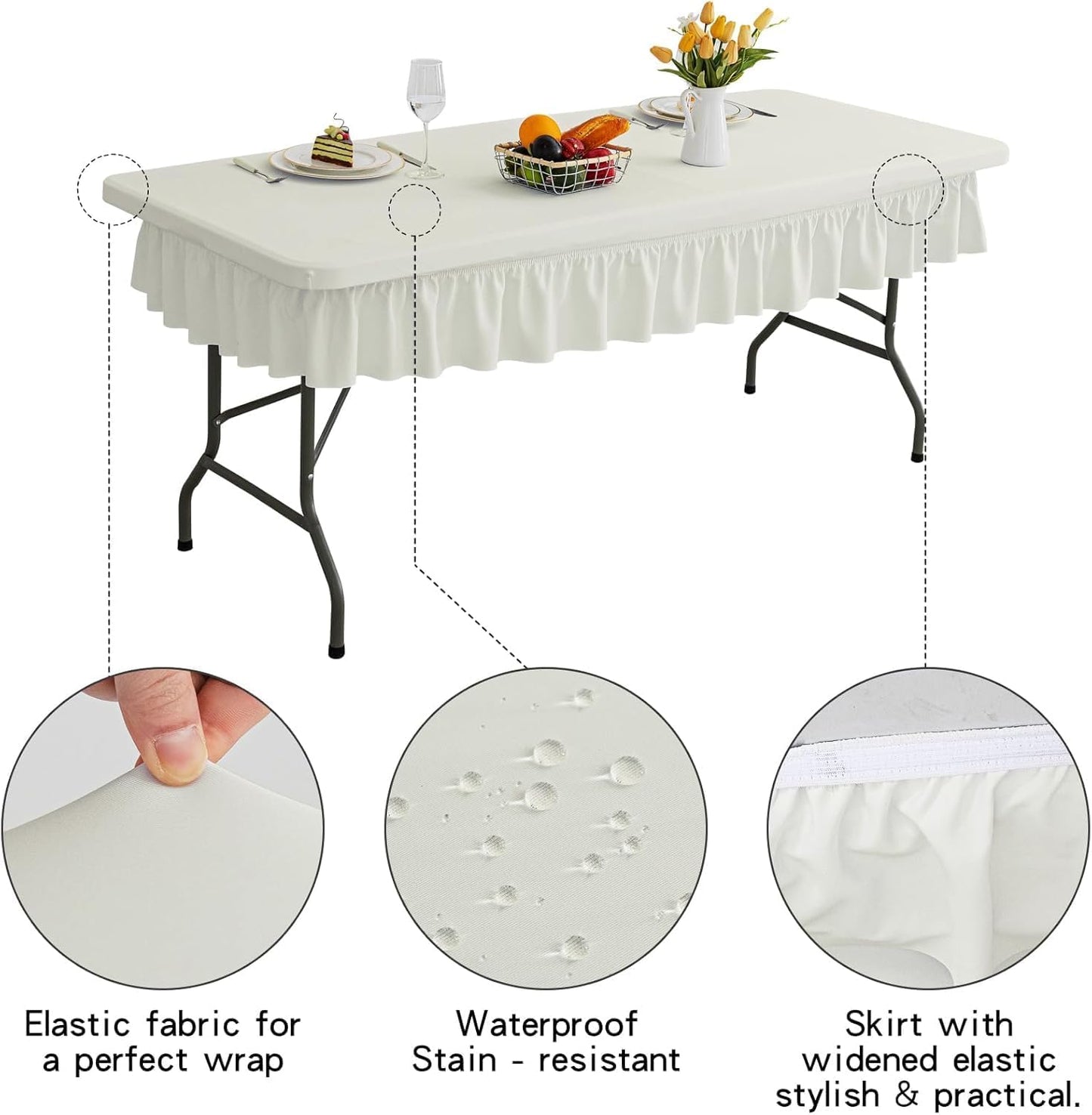 8ft Ivory Stretch Tablecloth for Rectangular Tables - Flared Wrap Design, Waterproof, Wrinkle-Resistant, Washable - Ideal for Weddings, Parties, Banquets & Table Protection