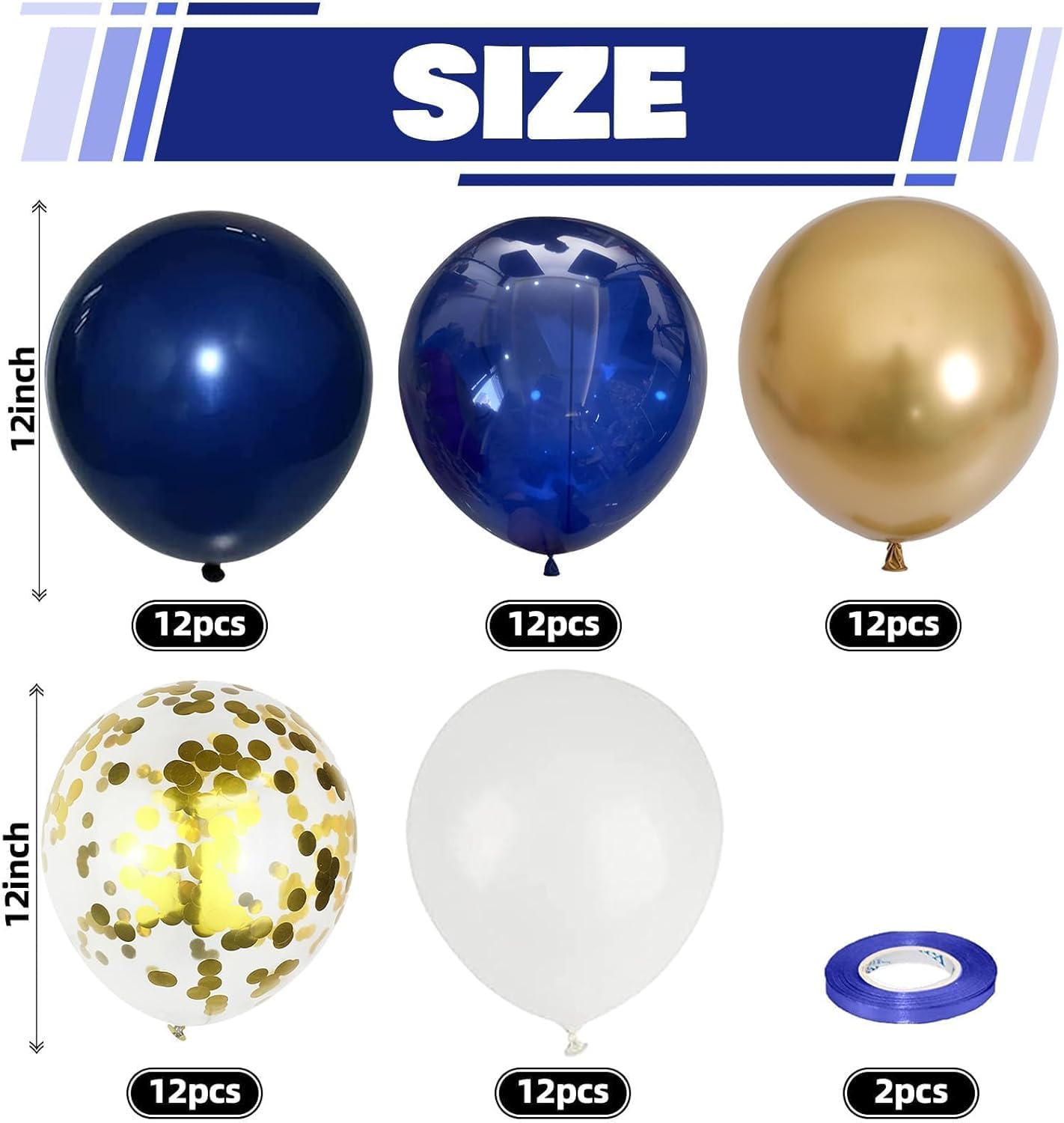 Navy Blue and Gold Balloons, 60 Packs 12 inch Navy Blue and Metallic Chrome Gold Confetti Balloons with Ribbons for Birthday, Baby Shower, Graduation, Eid Ramadan Decoration