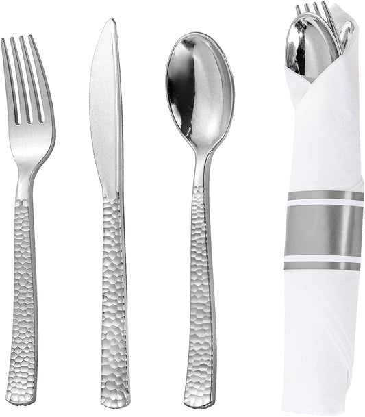 WELLIFE 50 Pack Silver Plastic Silverware with Pre Rolled Napkins,Wrapped Silverware Set Disposable,Includes:50 Forks, 50 Knives, 50 Spoons, 50 Napkins,Utensils Plastic Disposable