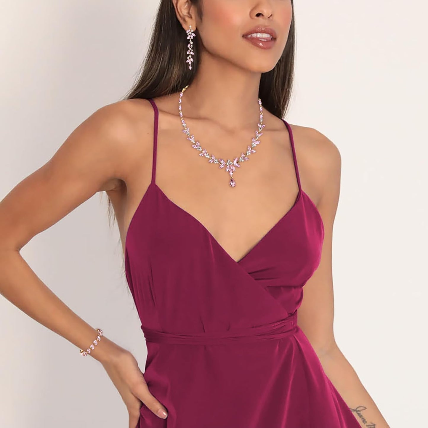 EVER FAITH Austrian Crystal Bridal Bridesmaid Jewelry Sets, Elegant Marquise Rhinestone Leaf Necklace Dangle Earrings Tennis Bracelet Set for Women