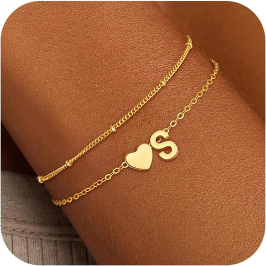 Christmas Gifts for Grandkids Teens Girls, 14K Gold Plated Heart Initial Bracelets for Women Girl Dainty Gold Bracelets Birthday Gifts Stocking Stuffers for Teen Girls Women Jewelry