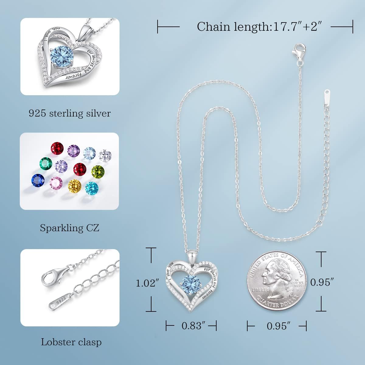 CDE Forever Love Heart Necklaces for Women, Wedding Anniversary, Birthday Mothers Day Christmas Day Gifts for Mom, Mother, Wife, friend, S925 Silver Jewelry with Birthstone Pendant
