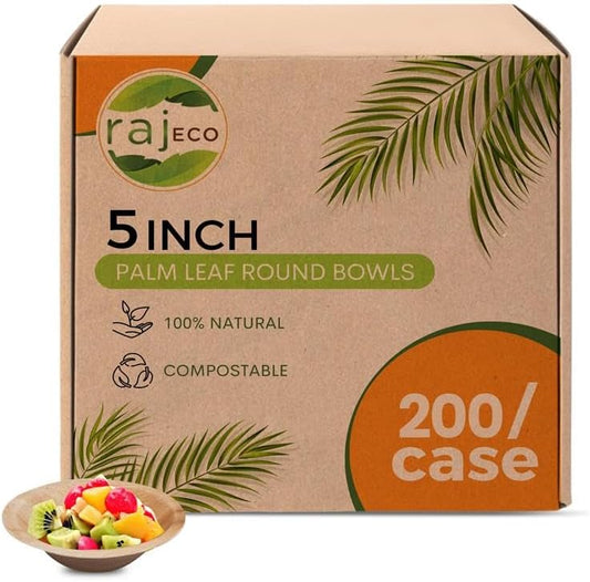 Raj Disposable Palm Leaf Bulk Bowls (200 Count, 5" Bowls) Strong Bowl Like Bamboo Party Bowl - Decorative Compostable Tableware for Lunch, Dinner, Birthday, Outdoor, BBQ, Picnic, Parties