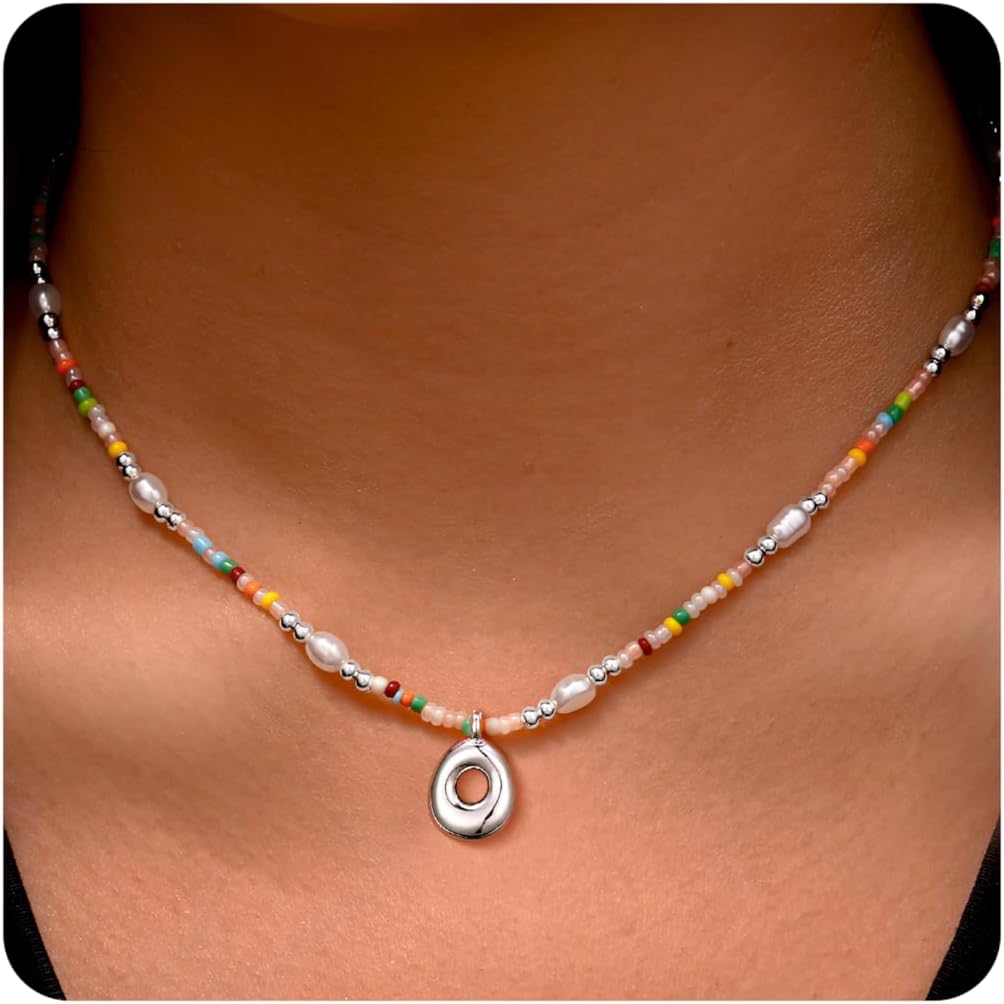 Ritach Initial Necklaces for Women Girls - Christmas Gifts for Grandkids Light Colorful Beaded Pearl Initial Necklace Gold/Silver Bubble Pendant Letter Necklace Stocking Stuffers for Teen Girls Women