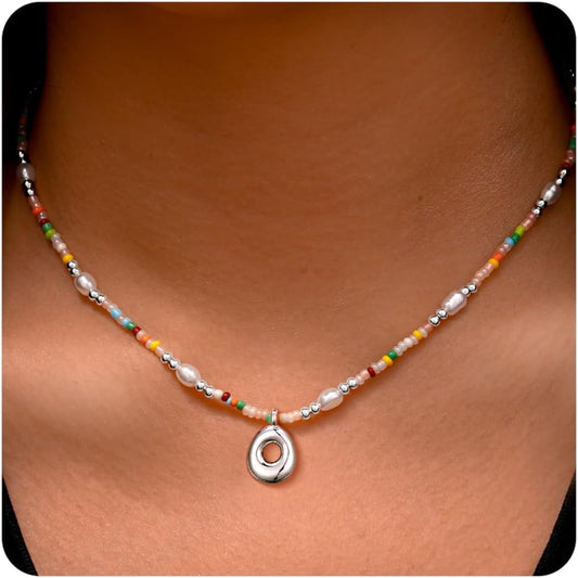 Ritach Initial Necklaces for Women Girls - Christmas Gifts for Grandkids Light Colorful Beaded Pearl Initial Necklace Gold/Silver Bubble Pendant Letter Necklace Stocking Stuffers for Teen Girls Women