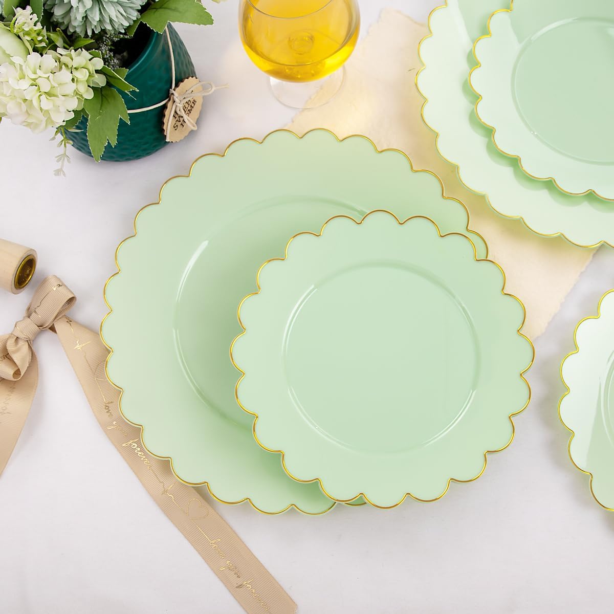 LIYH 60 Pcs Light Green Plastic Plates with Gold Edges, Disposable Sage Green and Gold Plastic Plates Includes: 30 Dinner Plate 10.25 Inch and 30 Dessert Plate 7.5 Inch