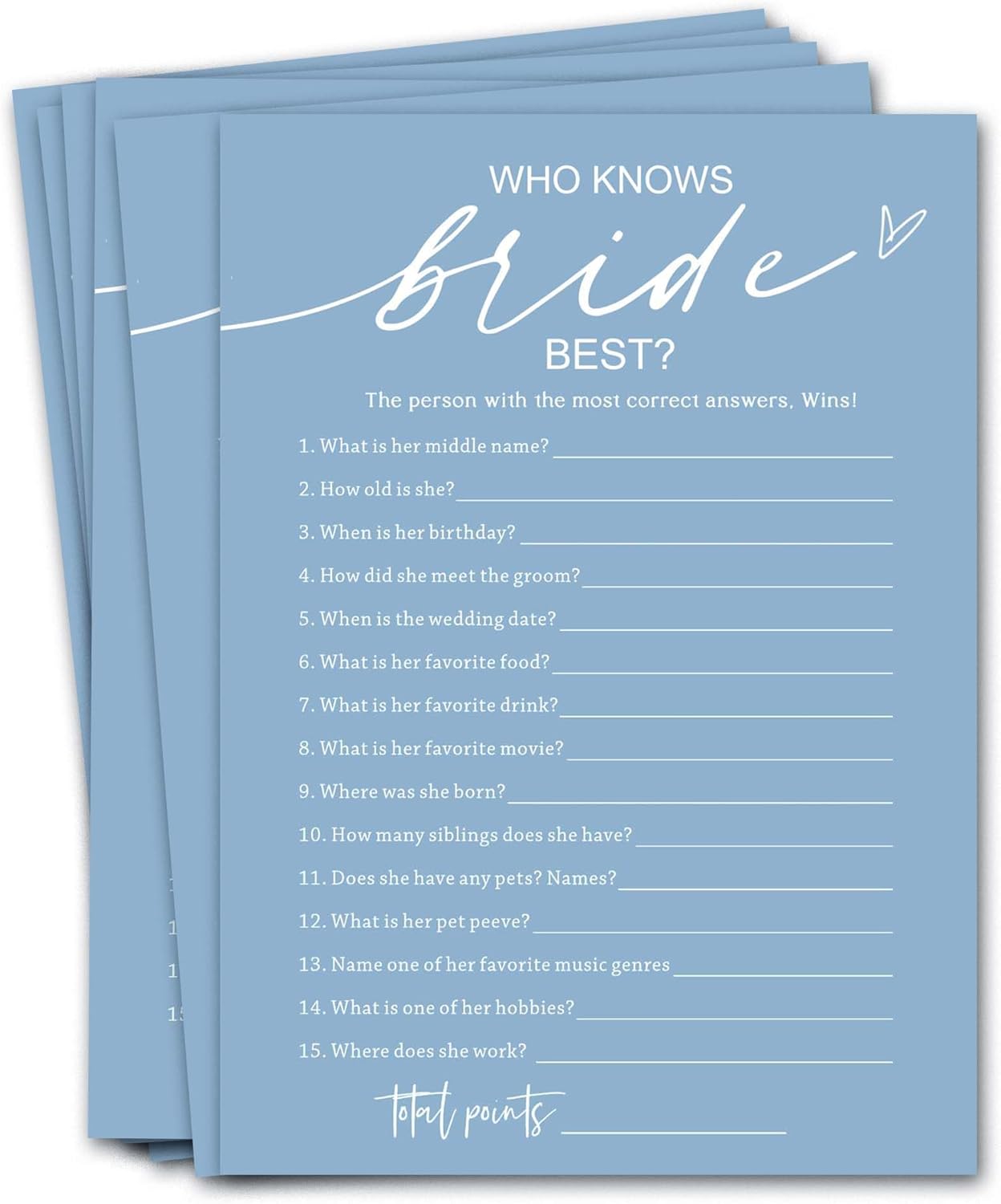Bridal Shower Games Cards, Who Knows The Bride Best, 25 Guest Wedding Games, Minimalist Blue Wedding Party Supplies - B03