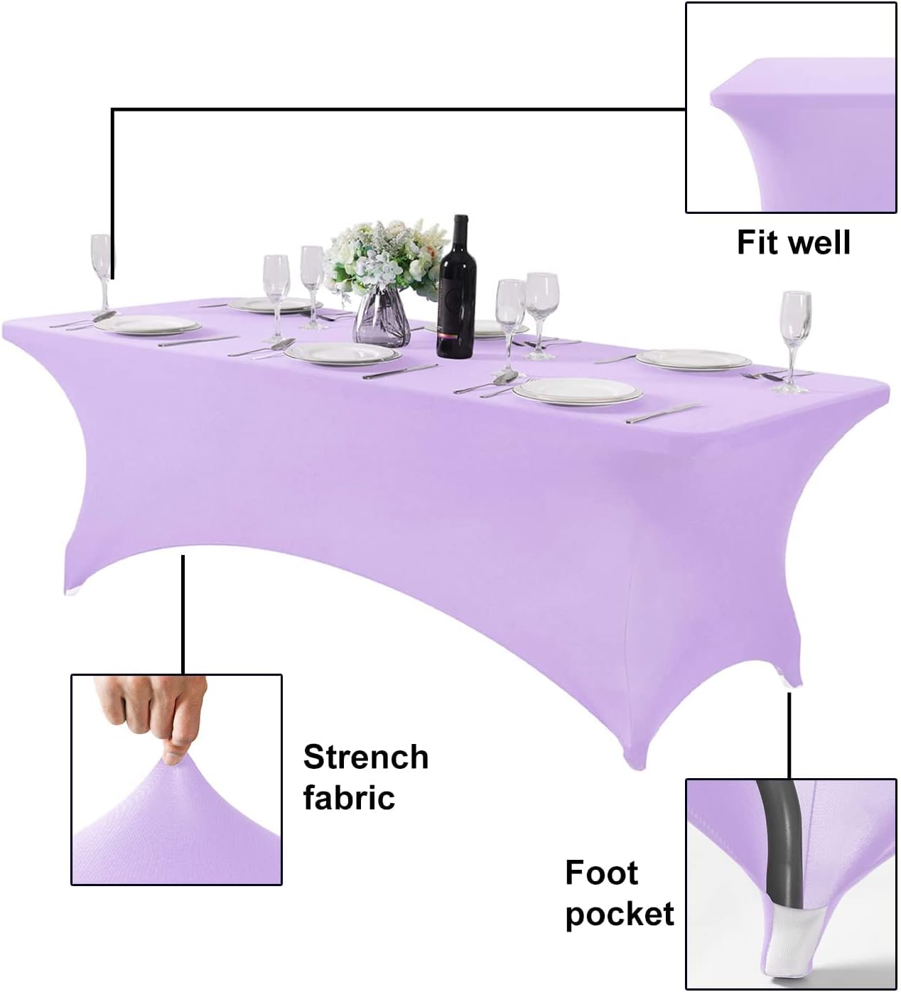 FORLIFE 2Pack Spandex Table Covers，Fitted Tablecloth for Rectangular Tables, Stretch Patio Table Covers, Universal Spandex Table Cover for Wedding, Banquet, Party (8ft, Lavender)