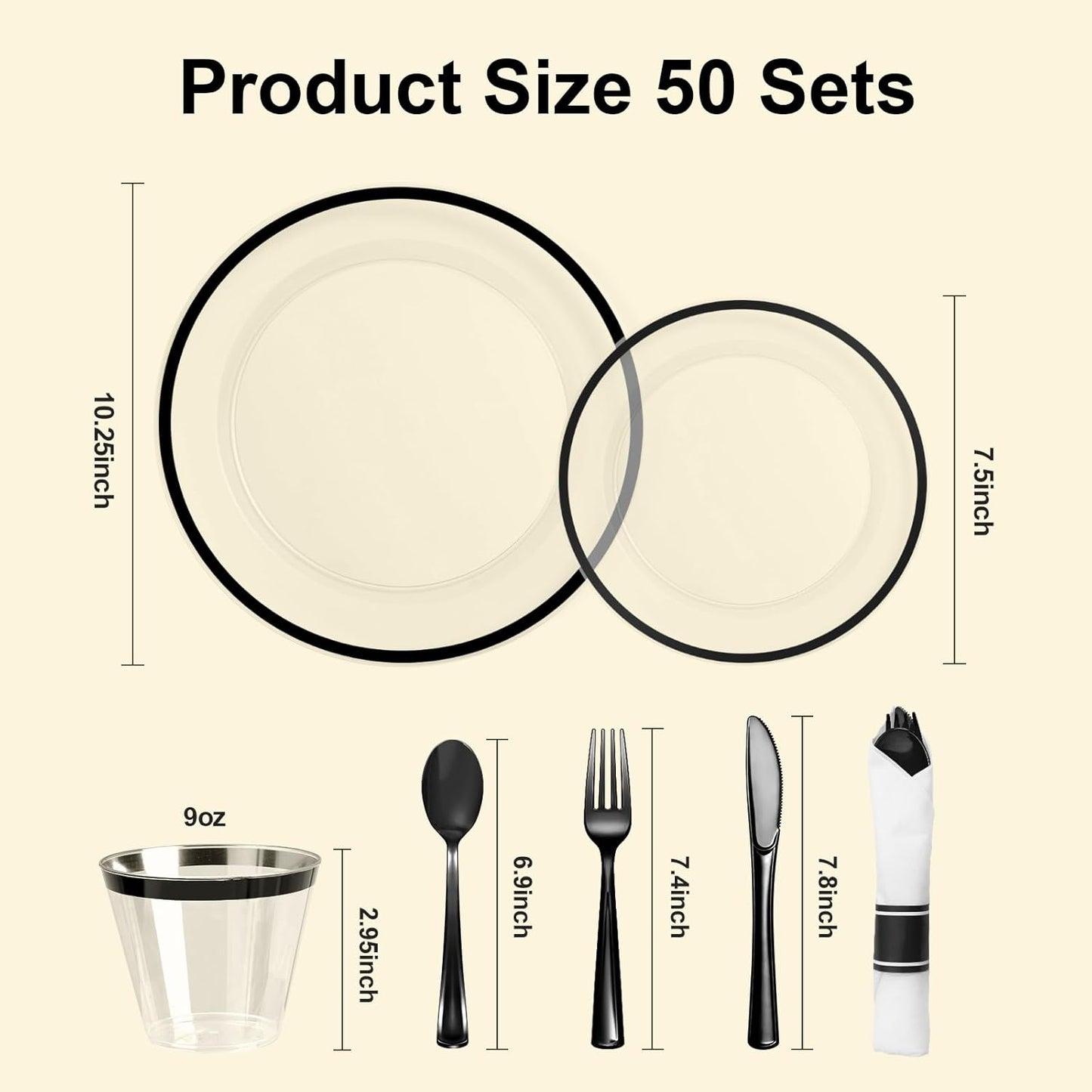 350PCS Clear and Black Disposable Plates Set for 50 Guests, 100 Plastic Plates, 50 Plastic Cups, 50 Pre-Rolled Napkins with Cutlery for Party, Thanksgiving, Birthday, Halloween, Christmas