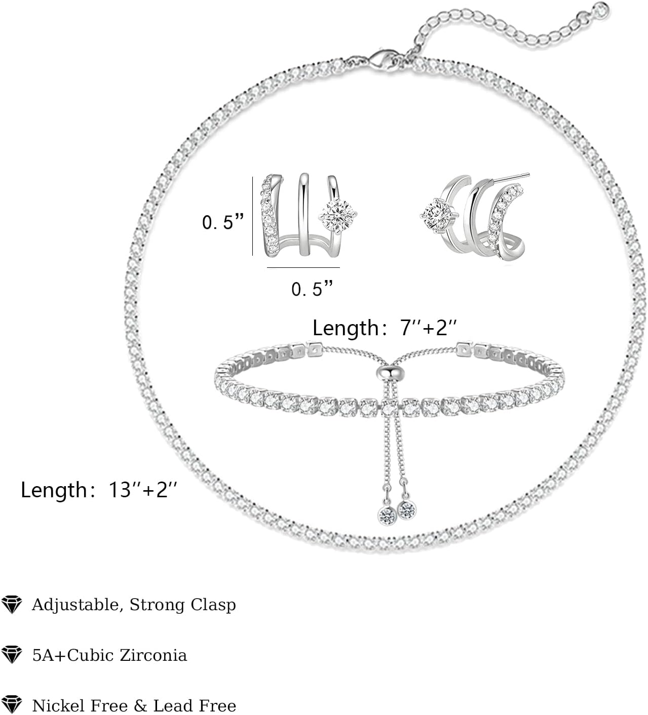 Tennis Necklace Bracelet for Women, Sterling Sliver, Dainty Chocker Necklace, Crystal Bracelet for Women, Wedding Jewelry for Bride, Sparkly Party Prom Hypoallergenic