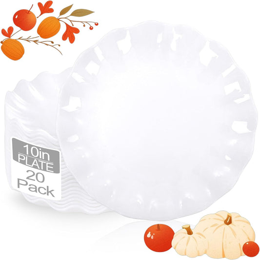 LIYH 20 Pcs 10 Incn White Scalloped Plastic Plates Reusable - Unbreakable Plastic Dinner Plates Camping Outside Plate Dishwasher Safe for Wedding Parties Birthdays Picnics - BPA Free