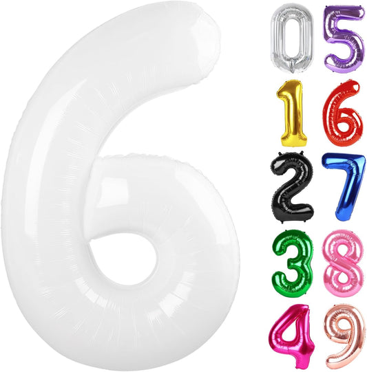 White Number 6 Balloon 40 Inch, 6th Birthday Party Decorations for Children, Giant 6 Foil Balloon for Party Supplies