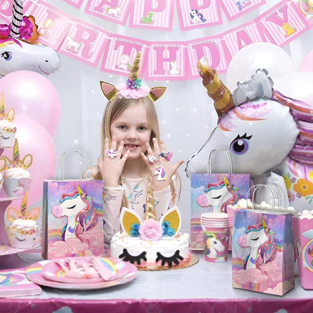 JOYGATHER 24 Pcs Unicorn Party Favor Bags with Handles - Unicorn Goodie Bags Gift Bags. Rainbow Theme Candy Bags, Kraft Paper Bags for Birthday Party Supplies, and Baby Shower Decorations