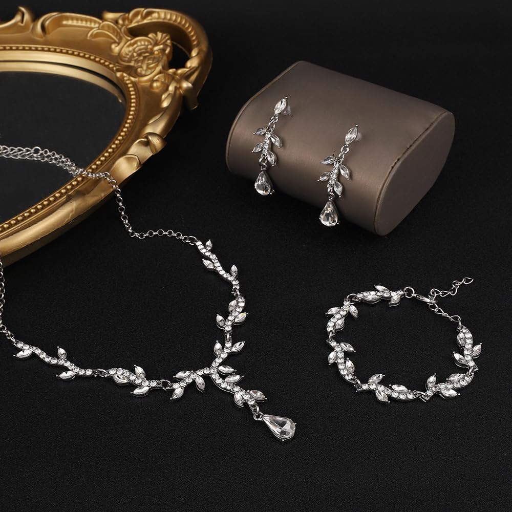 Crystal Necklace Earrings Bracelet Rhinestone Choker Necklace Bridal Wedding Jewelry Set For Brides Bridesmaid Women Party Accessory
