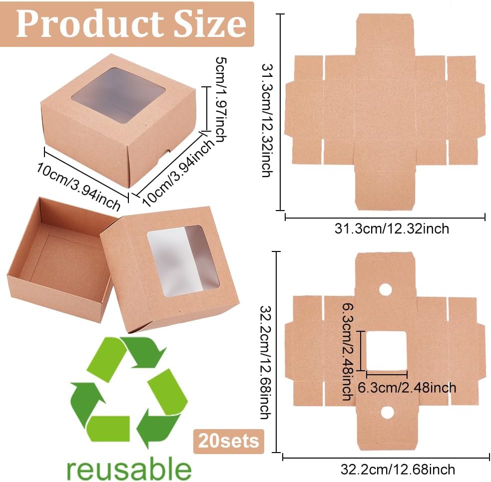 BENECREAT 12PCS Brown Kraft Paper Box with Clear Window, 3.94x3.94x1.97inch Square Kraft Paper Gift Box, Suitable for Wedding Party Gifts, Jewelry Packaging