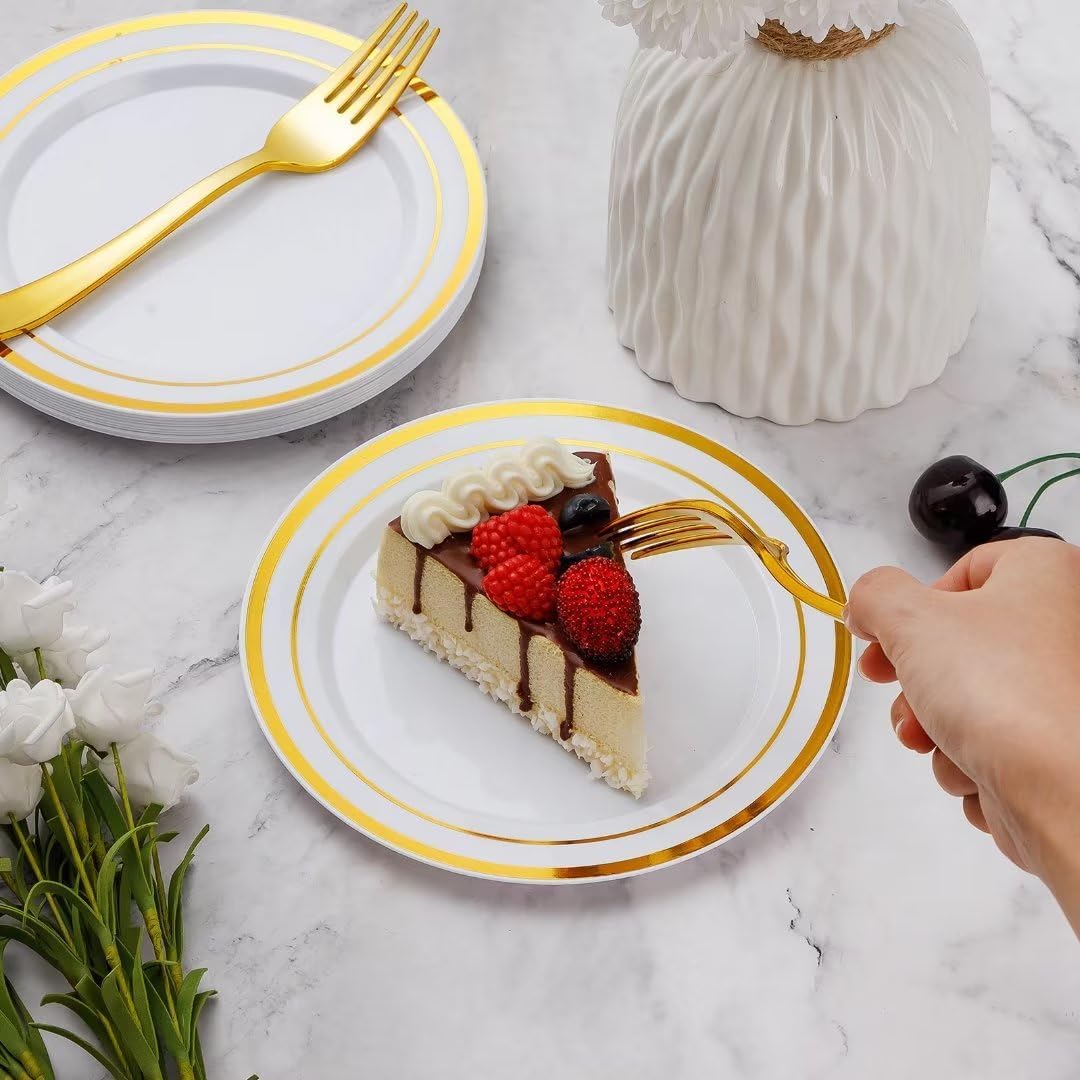 Goodluck 120PCS 7" Gold Dessert Plastic Plates with 7.4" Forks, Gold Appetizer Plates for 60 Guests, Including 60 Disposable Cake Plastic Plates and 60 Forks for Wedding/Birthday Party