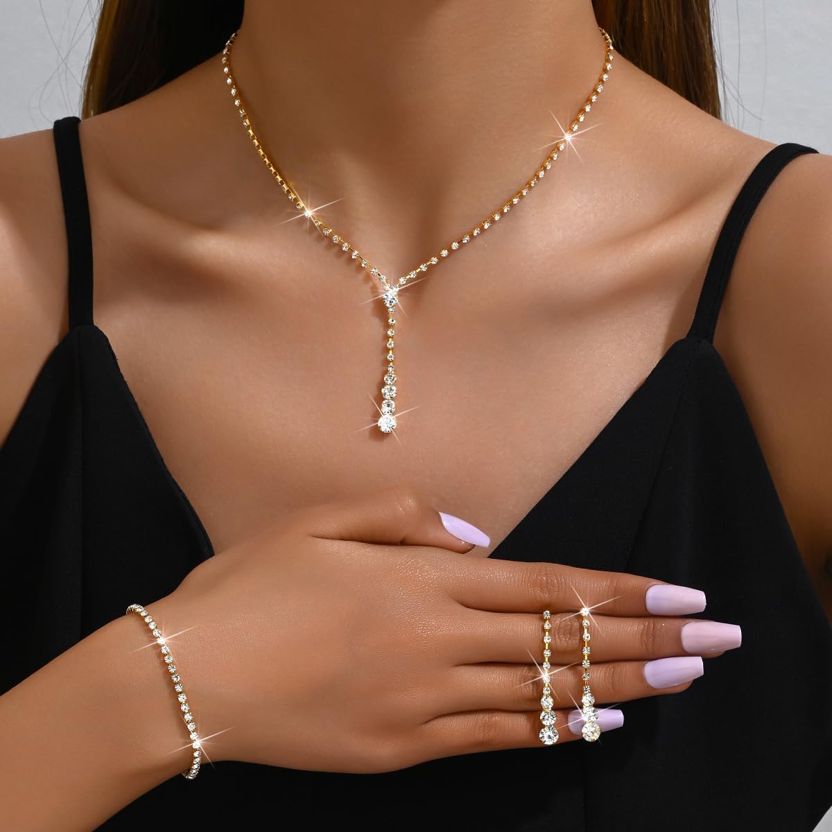 GIGB PBDK Dainty Silver Jewelry Set Crystal Rhinestone Pendant Necklace Bracelet Earrings Trendy Bridal Wedding Prom Dresses Costume Jewelry Sets for Women Wife
