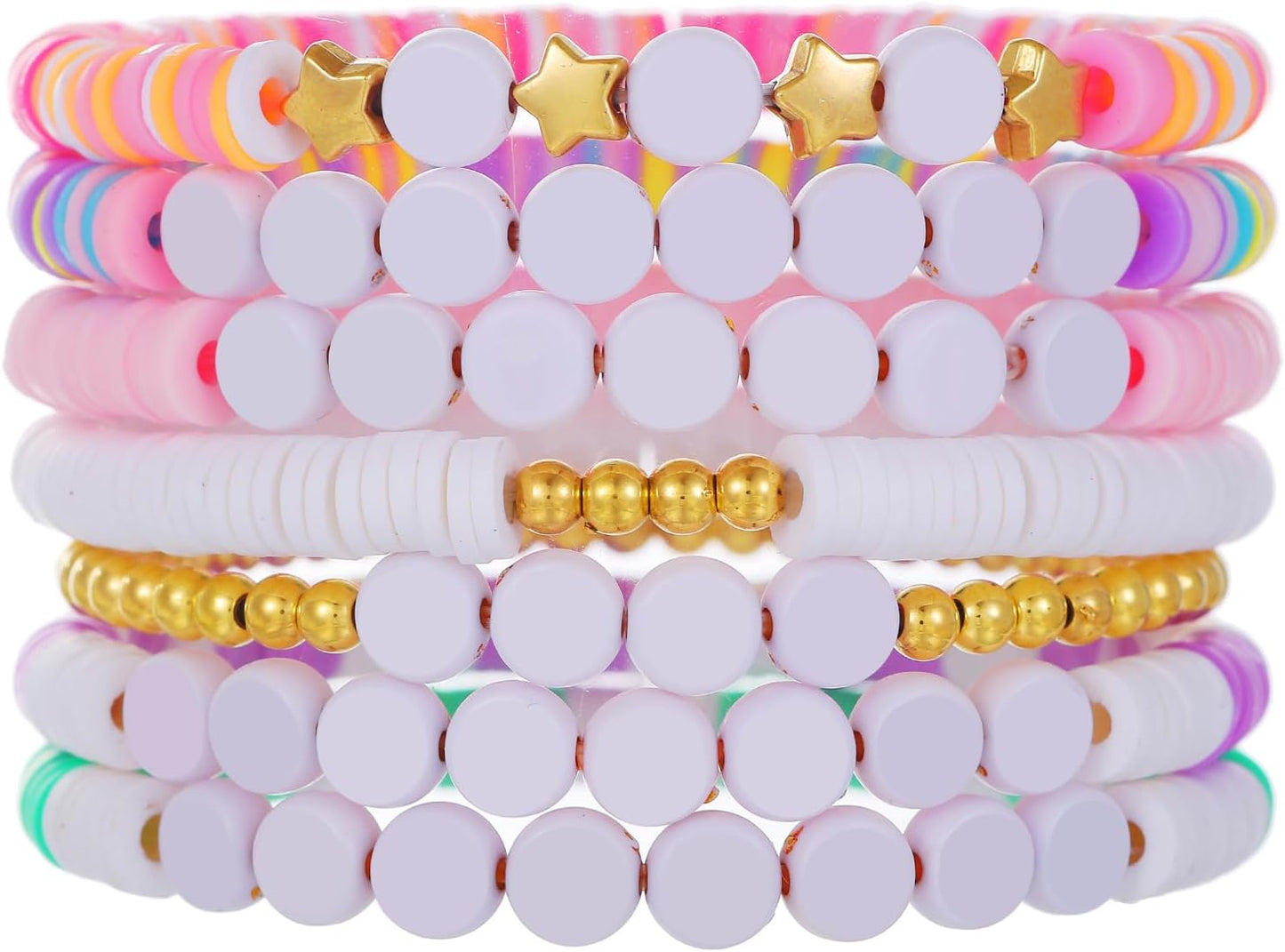 Friendship Bracelets for Women - Heishi Surfer Colorful Smile Evil Eye Clay Beaded Stretch Bracelets Elastic Layering - Stackable Boho Disc Y2K Aesthetic Summer Jewelry Set.