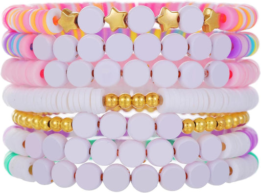 Friendship Bracelets for Women - Heishi Surfer Colorful Smile Evil Eye Clay Beaded Stretch Bracelets Elastic Layering - Stackable Boho Disc Y2K Aesthetic Summer Jewelry Set.