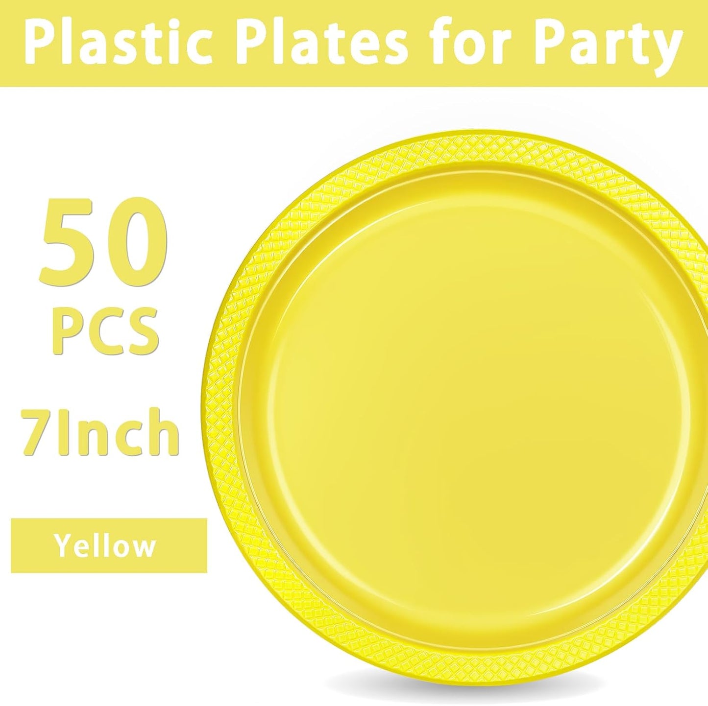 WELLIFE 7 Inch Plastic Plates Yellow 50 Count Disposable Plate for Party, Dessert Small Plates for Dinner Cake Salad Supplies Birthday