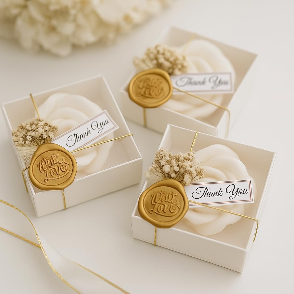 White Rose Petal Soy Wax Candles in Bulk – Rose Candle Wedding Favors for Guests, Personalized Candle Favors for Bridal Shower & Baby Shower Gifts – Dried Flower & Wax Seal Design (40 Pieces)
