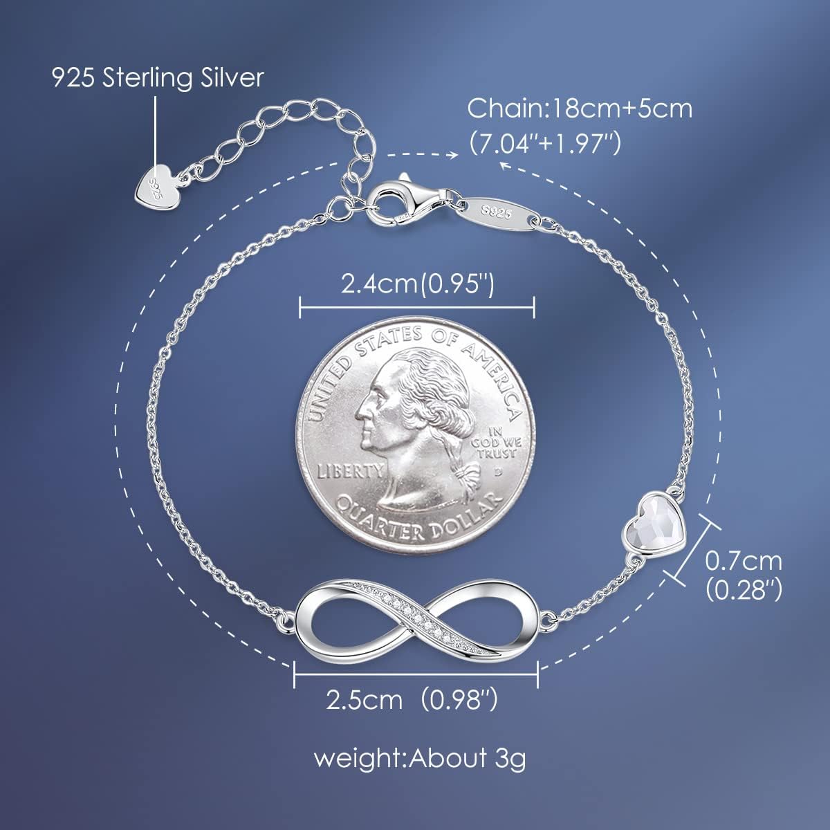 CDE Infinity Heart Birthstone Charm Link Bracelet for Women 925 Sterling Silver Adjustable Mother's Day Christmas Day Gift Anniversary Birthday Jewelry for Wife Girlfriend Her