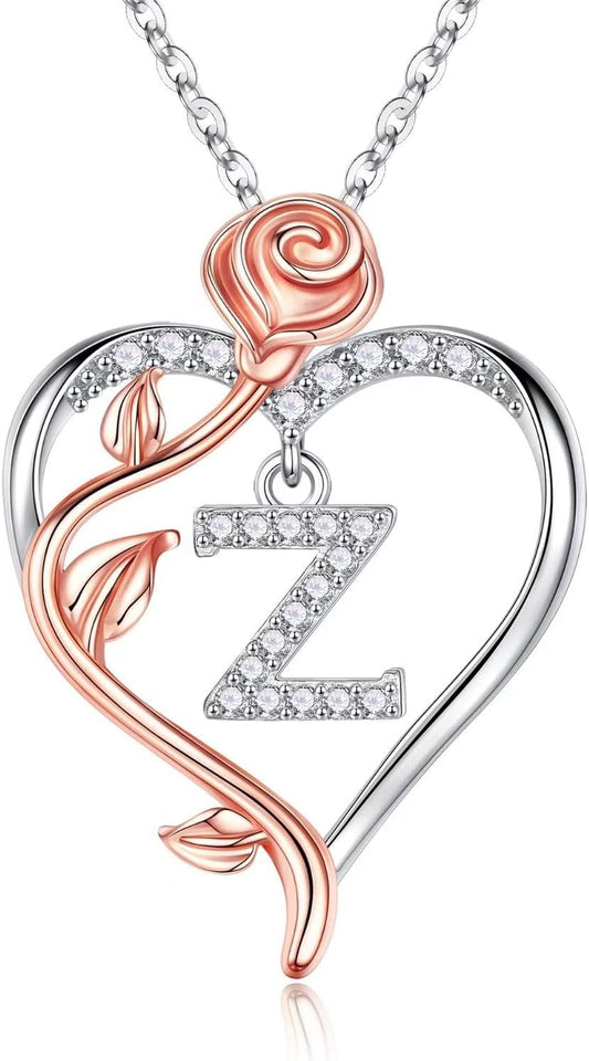 Iefil Christmas Gifts for Women Wife - 925 Sterling Silver Rose Heart Initial Necklace, Anniversary Birthday Gifts for Women, Jewelry Gift for Her Wife Girlfriend Mom Daughter