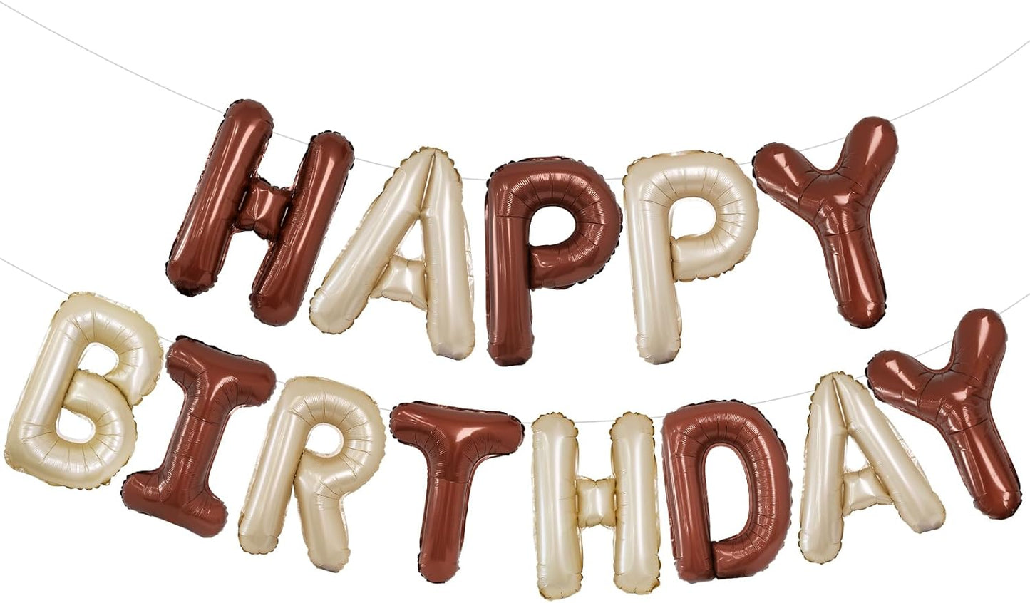 Beige Brown Happy Birthday Balloon Banner, 16 Inch Foil Mylar Cream Brown Happy Birthday Balloons Letters, Off White Birthday Sign, Neutral Tan Birthday Decorations