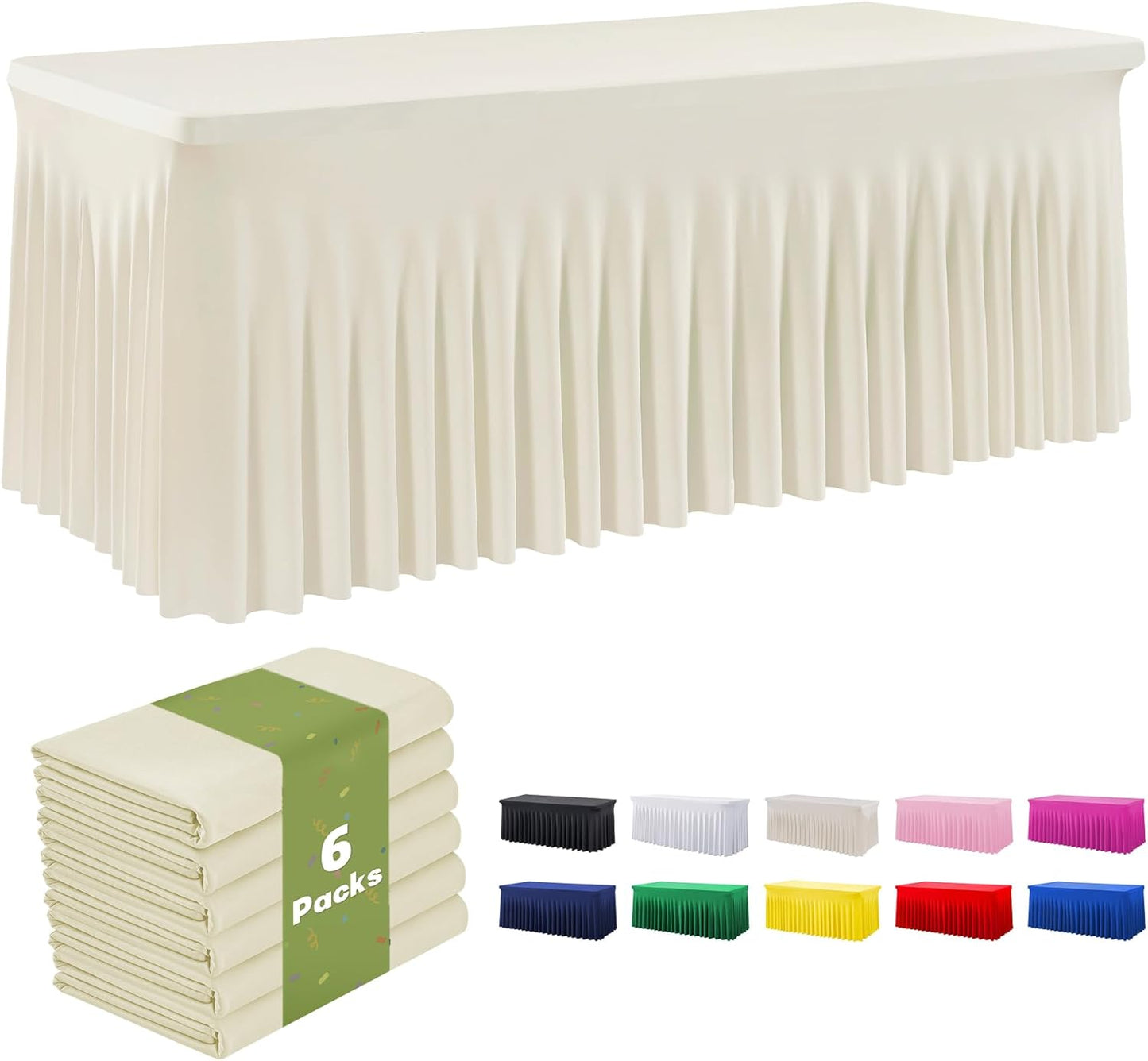 Leegleri 6 Pack Ivory Spandex Table Clothes for 6ft Rectangle Tables, Wrinkle Free Fitted Tablecloths for Parties, Weddings, Banquets, Baby Showers