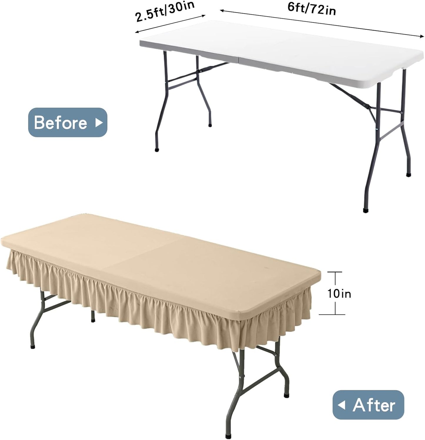 6ft Khaki Stretch Tablecloth for Rectangular Tables - Flared Wrap Design, Waterproof, Wrinkle-Resistant, Washable - Ideal for Weddings, Parties, Banquets & Table Protection