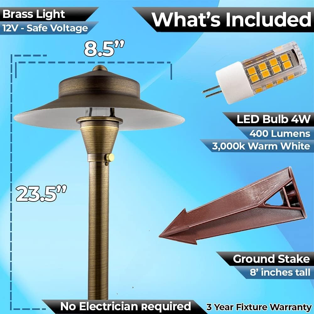 LED Low Voltage Pathway Lights 120- Solid Brass Outdoor Landscape Lights for Garden Pathway & Driveway Outdoor Lighting, 12V Landscape Lighting with Ground Stake & G4 LED Bulb (4 Pack Wide Top 8-1/2")