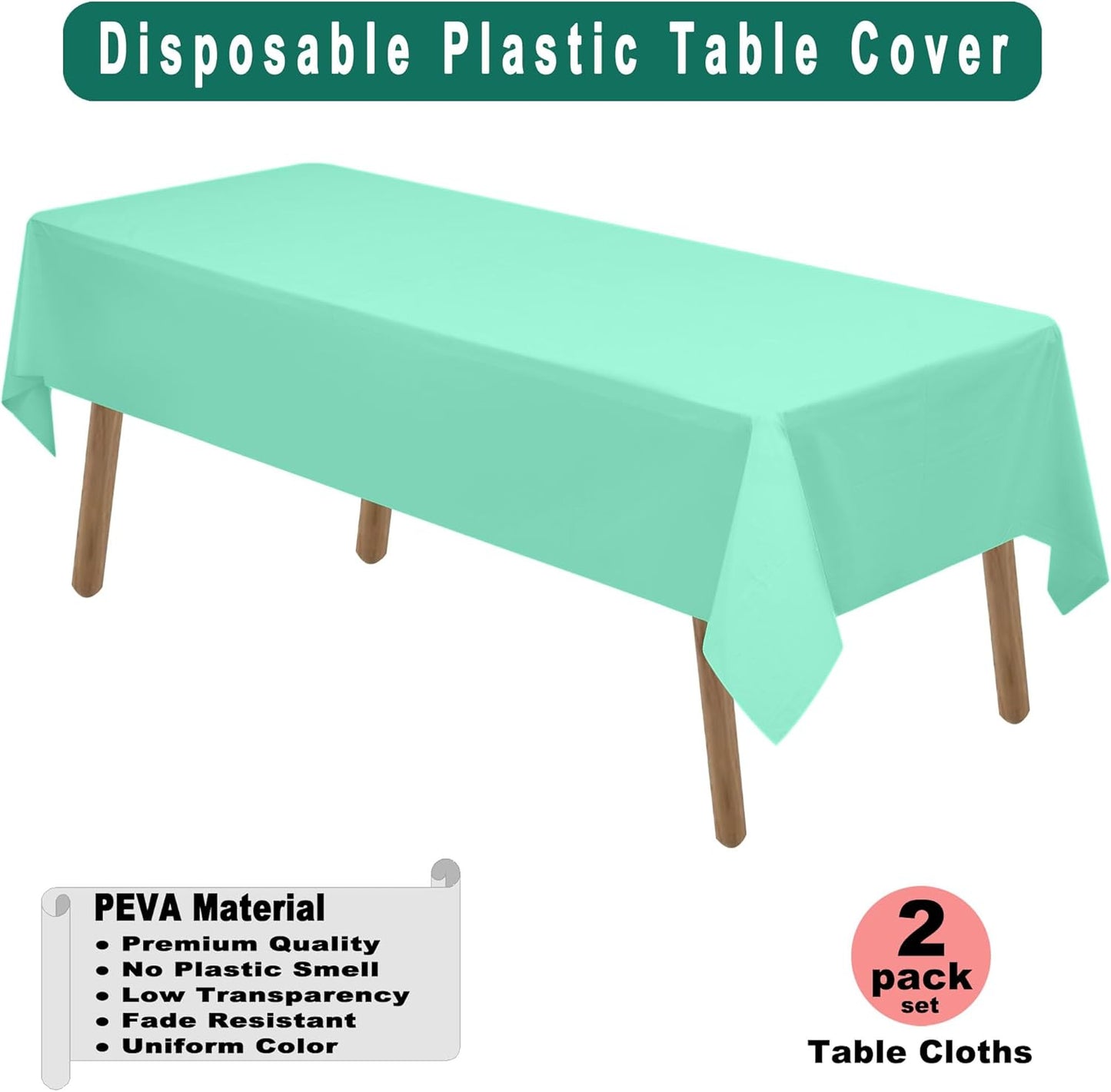 Fresh Mint Plastic Tablecloths 2 Pack Mint Green Disposable Table Covers 54 x 108 Inch. Baby Shower Party Tablecovers PEVA Table Cloths for Picnic Birthday Wedding Parties 8 ft Rectangle Table Use