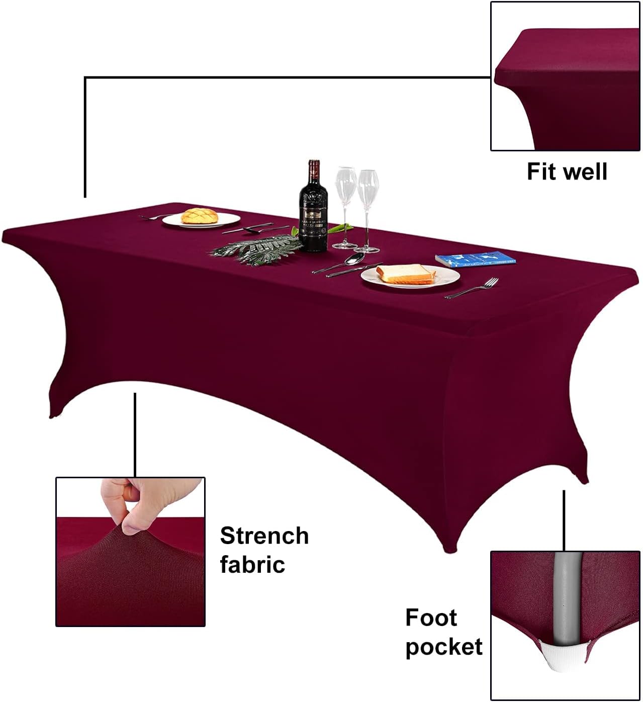 FORLIFE 2Pack Spandex Table Covers，Fitted Tablecloth for Rectangular Tables, Stretch Patio Table Covers, Universal Spandex Table Cover for Wedding, Banquet, Party (8ft, Burgundy)