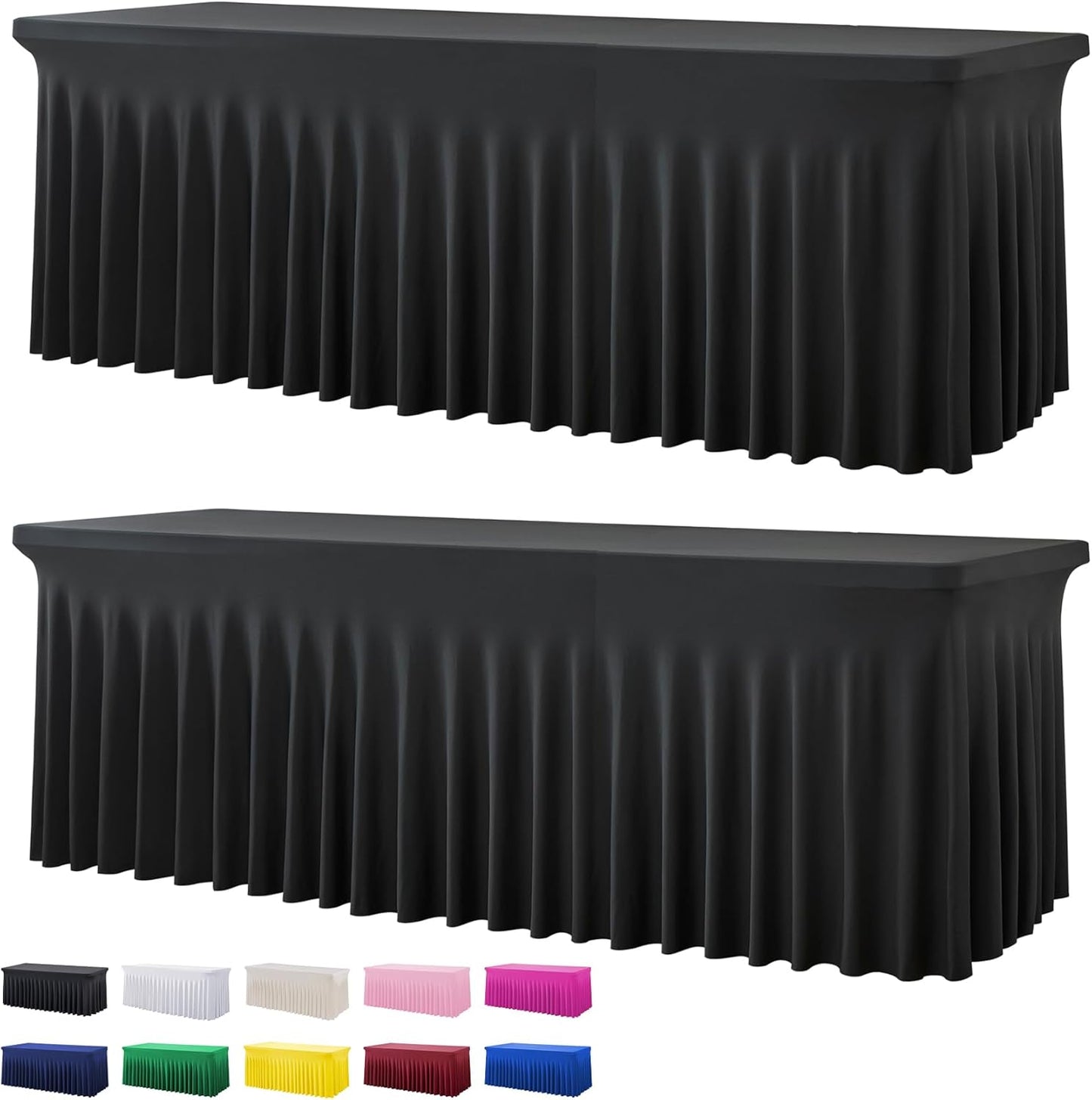 2 Pack Black Spandex Tablecloth for 8 Foot Rectangle Tables, Wrinkle Free Fitted Table Cloths 8ft Stretchy Table Clothes Cover Desk Skirt for Parties Weddings Birthday Banquet Baby Shower