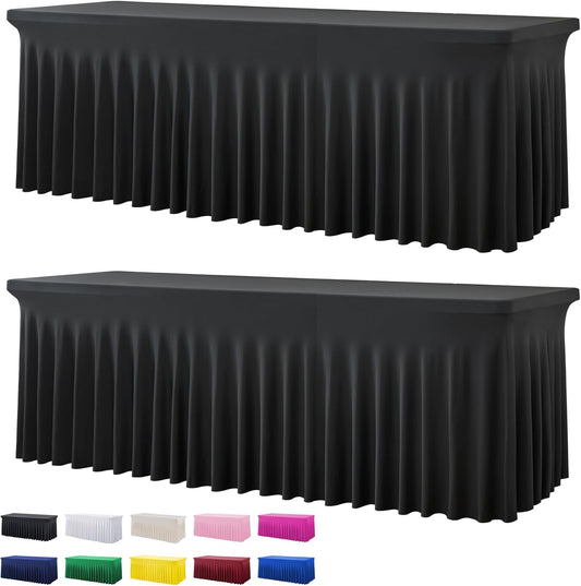 2 Pack Black Spandex Tablecloth for 8 Foot Rectangle Tables, Wrinkle Free Fitted Table Cloths 8ft Stretchy Table Clothes Cover Desk Skirt for Parties Weddings Birthday Banquet Baby Shower