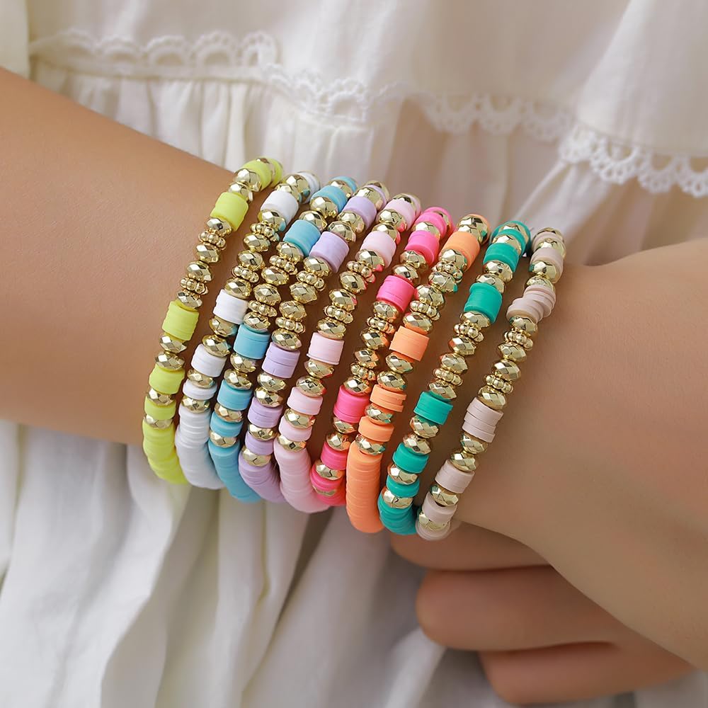 Friendship Bracelets Boho Stackable Bracelets for Women Surfer Heishi Clay Bead Bracelets Stretch Preppy Bracelets Colorful Boho Bracelets for Women