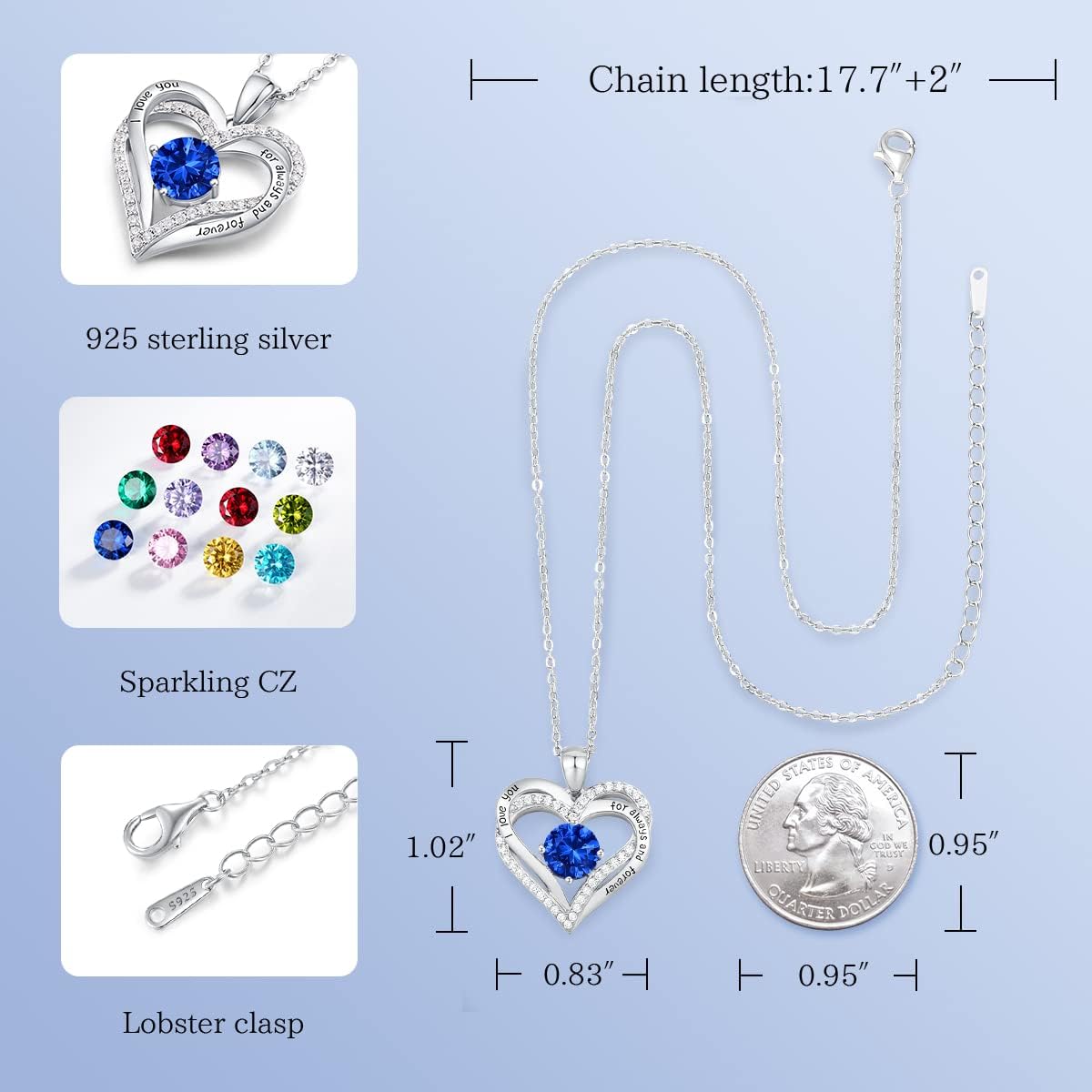 CDE Forever Love Heart Necklaces for Women, Wedding Anniversary, Birthday Mothers Day Christmas Day Gifts for Mom, Mother, Wife, friend, S925 Silver Jewelry with Birthstone Pendant